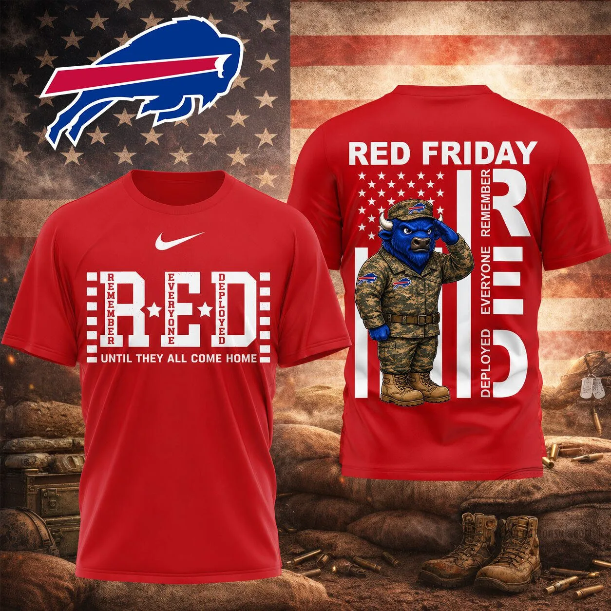 Buffalo Bills Red Friday Remember Everyone Deployed Military Tribute T-Shirt