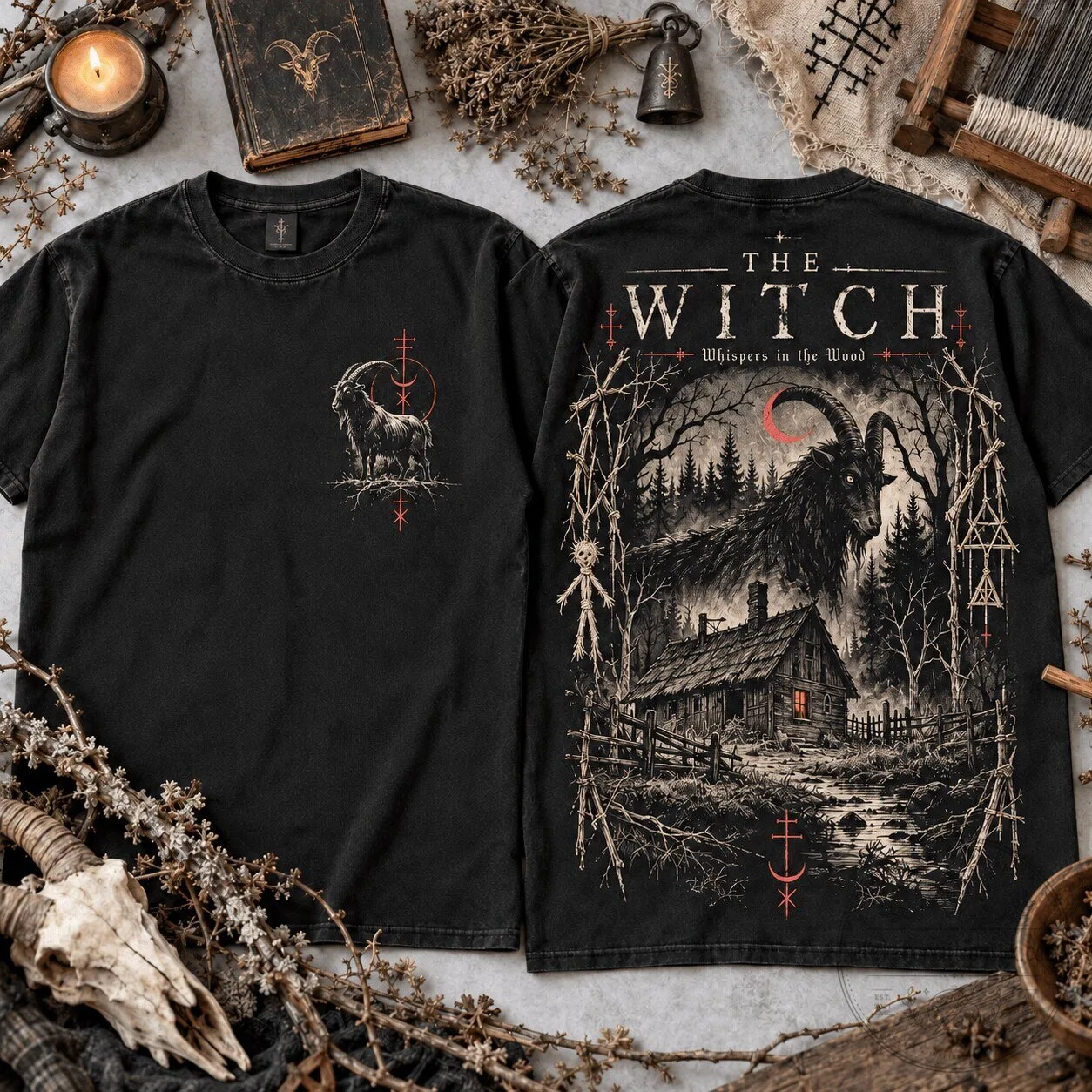 The Witch Whispers in the Wood Horror Gothic Occult Black T-Shirt for Fans