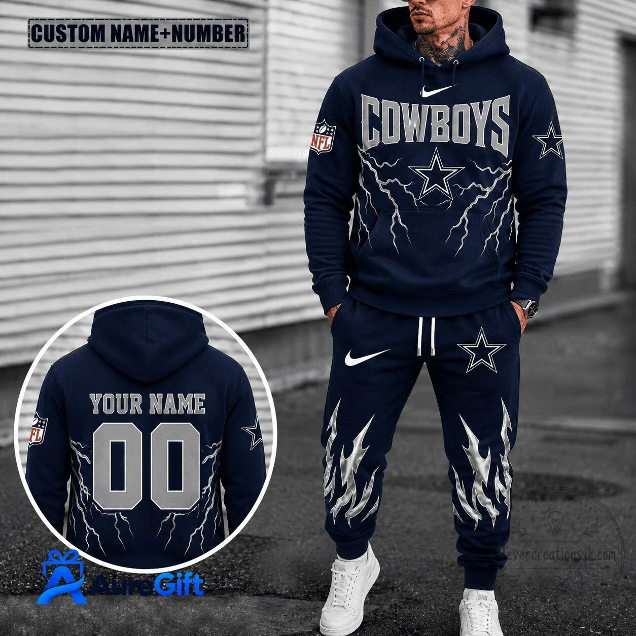 Dallas Cowboys Custom Name And Number Lightning Bolt NFL Hoodie And Sweatpants Set