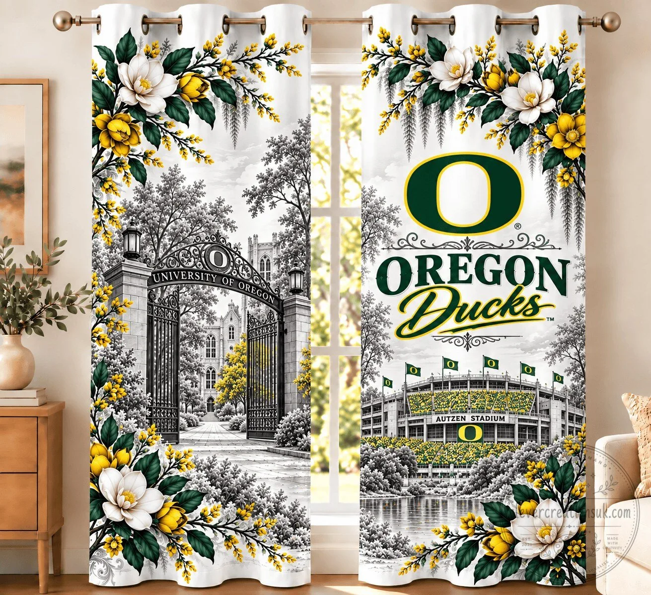 Oregon Ducks University Autzen Stadium Floral Heritage Window Curtain