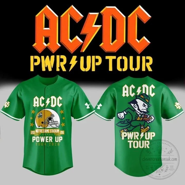 2026 Green Baseball Jersey Featuring Notre Dame Football AC/DC Power Up Tour Design