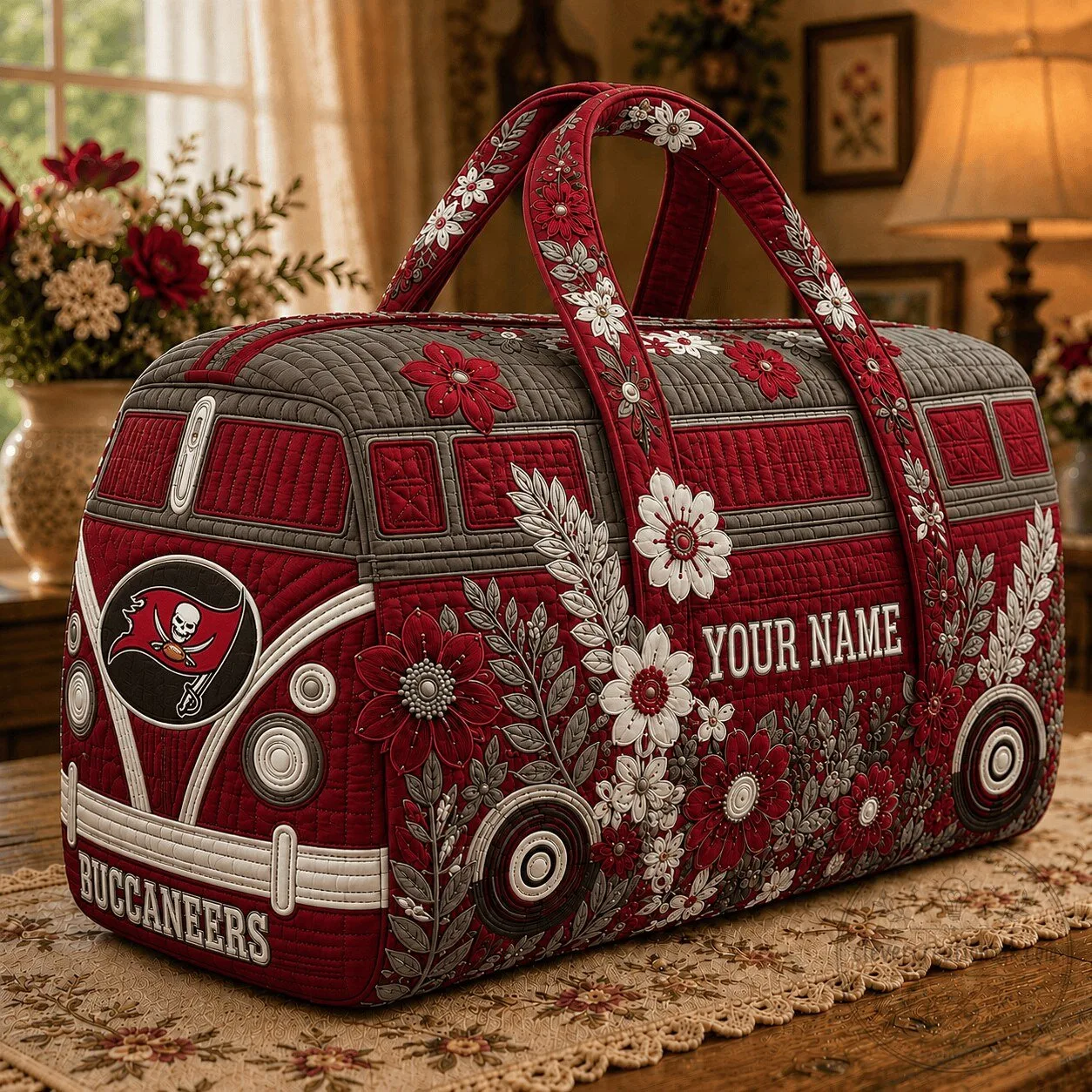Tampa Bay Buccaneers Floral Quilted Duffle Bag Custom Name Gift