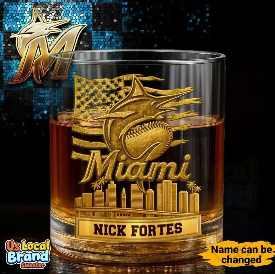 Miami Marlins Baseball Team Personalized Whiskey Drinking Glass