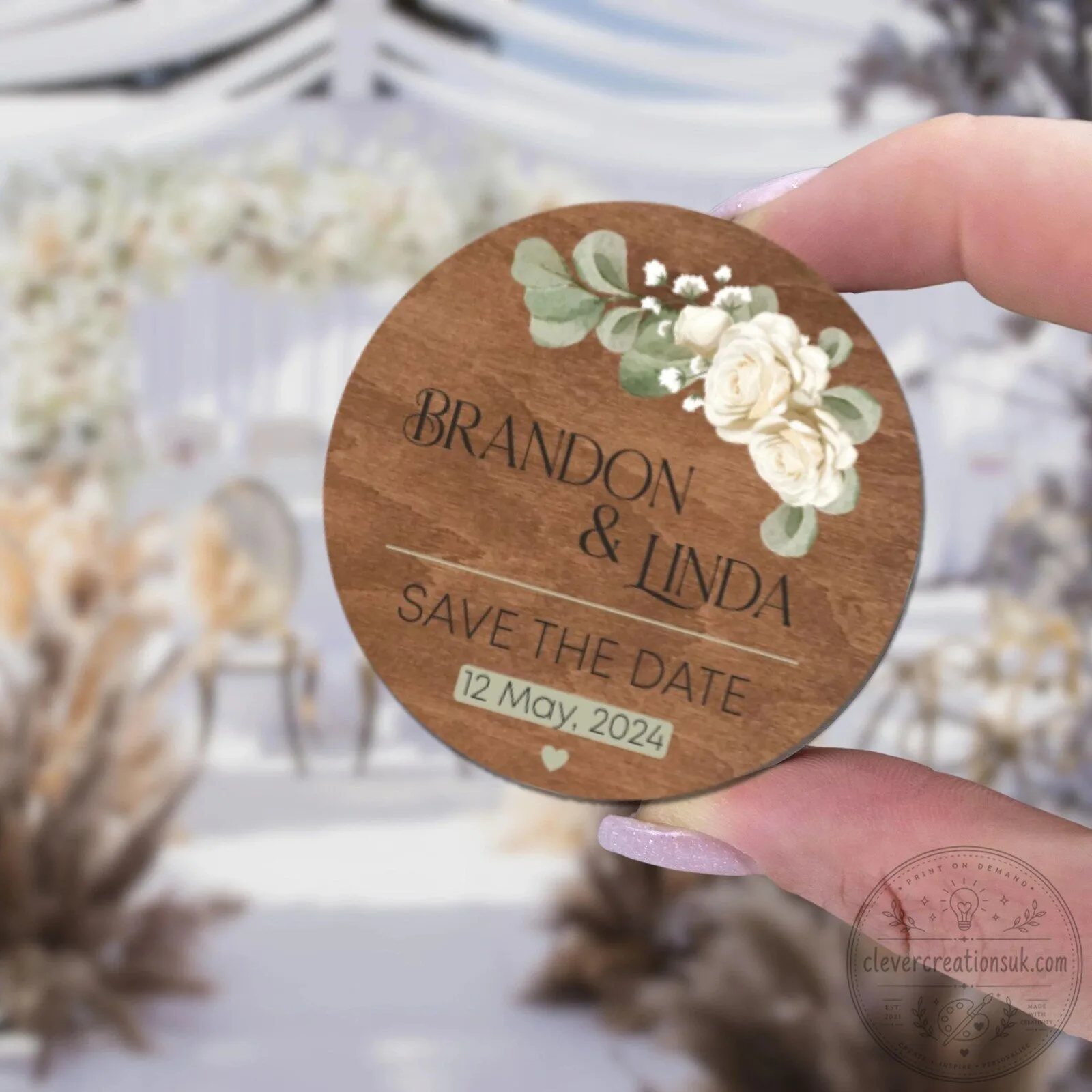 Personalized Wedding Save The Date Wood Magnet with Floral Design
