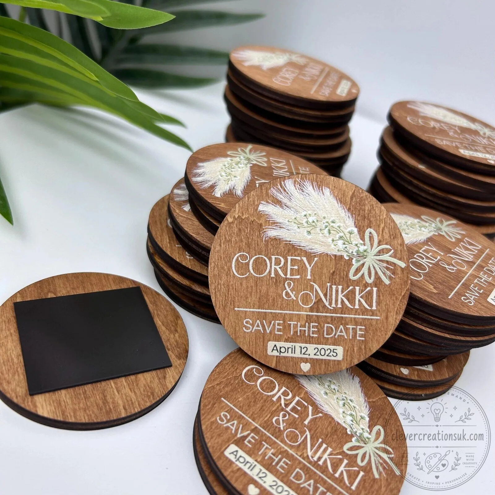 Personalized Wedding Save The Date Wood Magnet with Floral Design 12 Personalized Wedding Save The Date Wood Magnet with Floral Design
