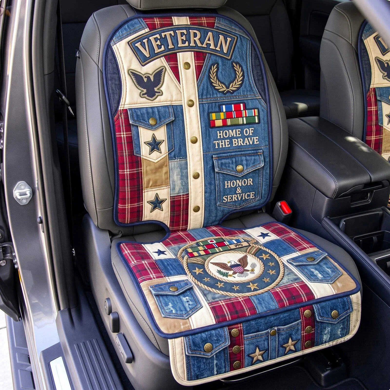 United States Veteran Quilted Car Seat Protector with Home of the Brave Design