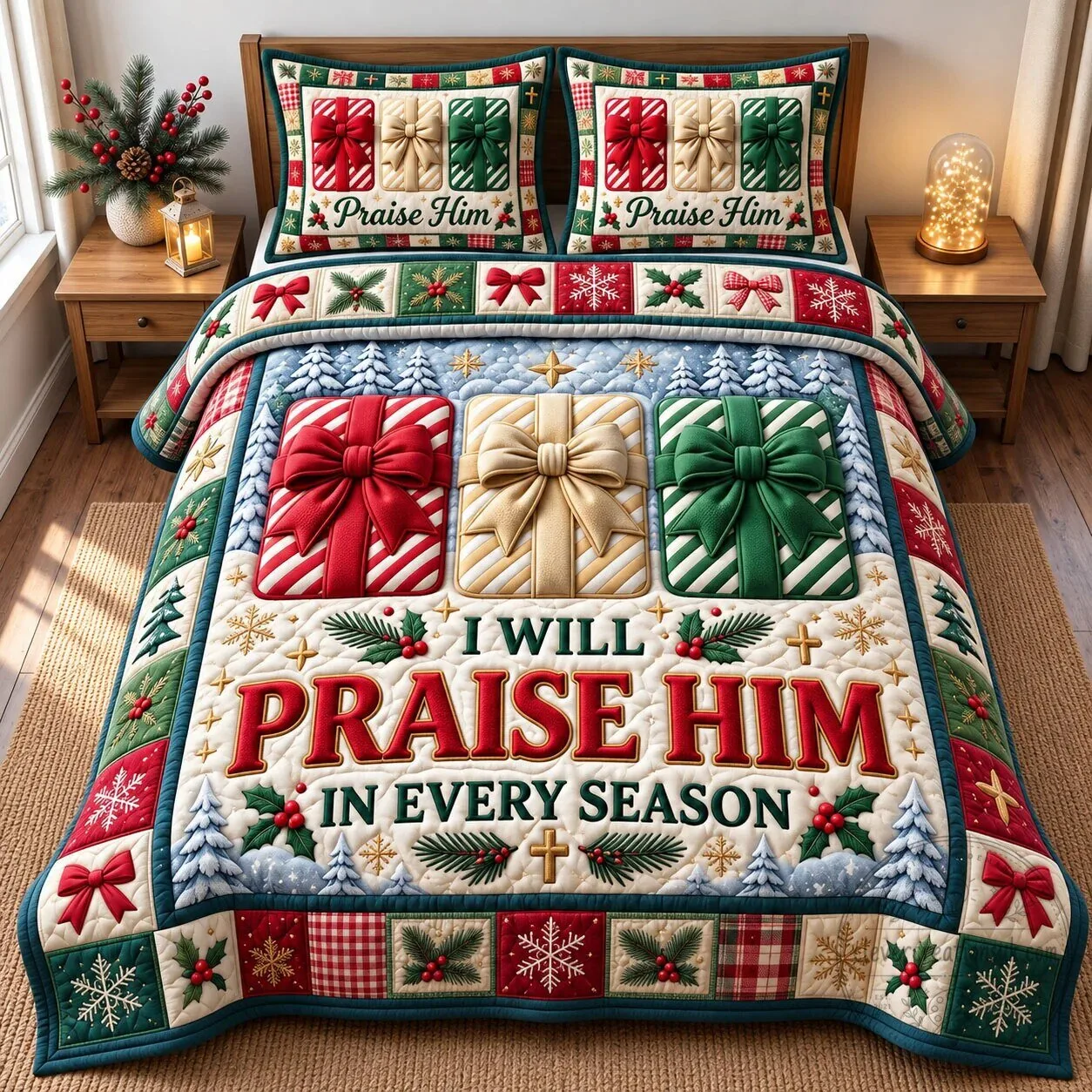 Christian Christmas I Will Praise Him In Every Season Quilted Bedding Set