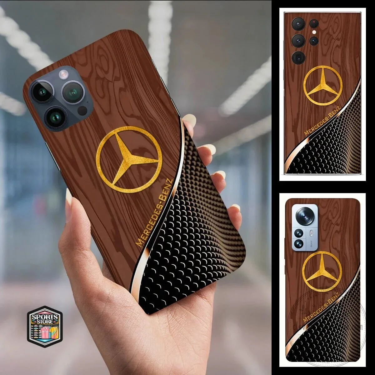 Mercedes-Benz Gold Logo Wood Grain Pattern Phone Case