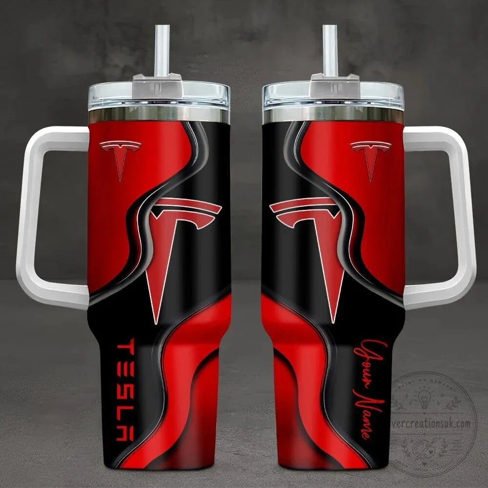 Tesla Red and Black Custom Name Stainless Steel Insulated Tumbler with Handle