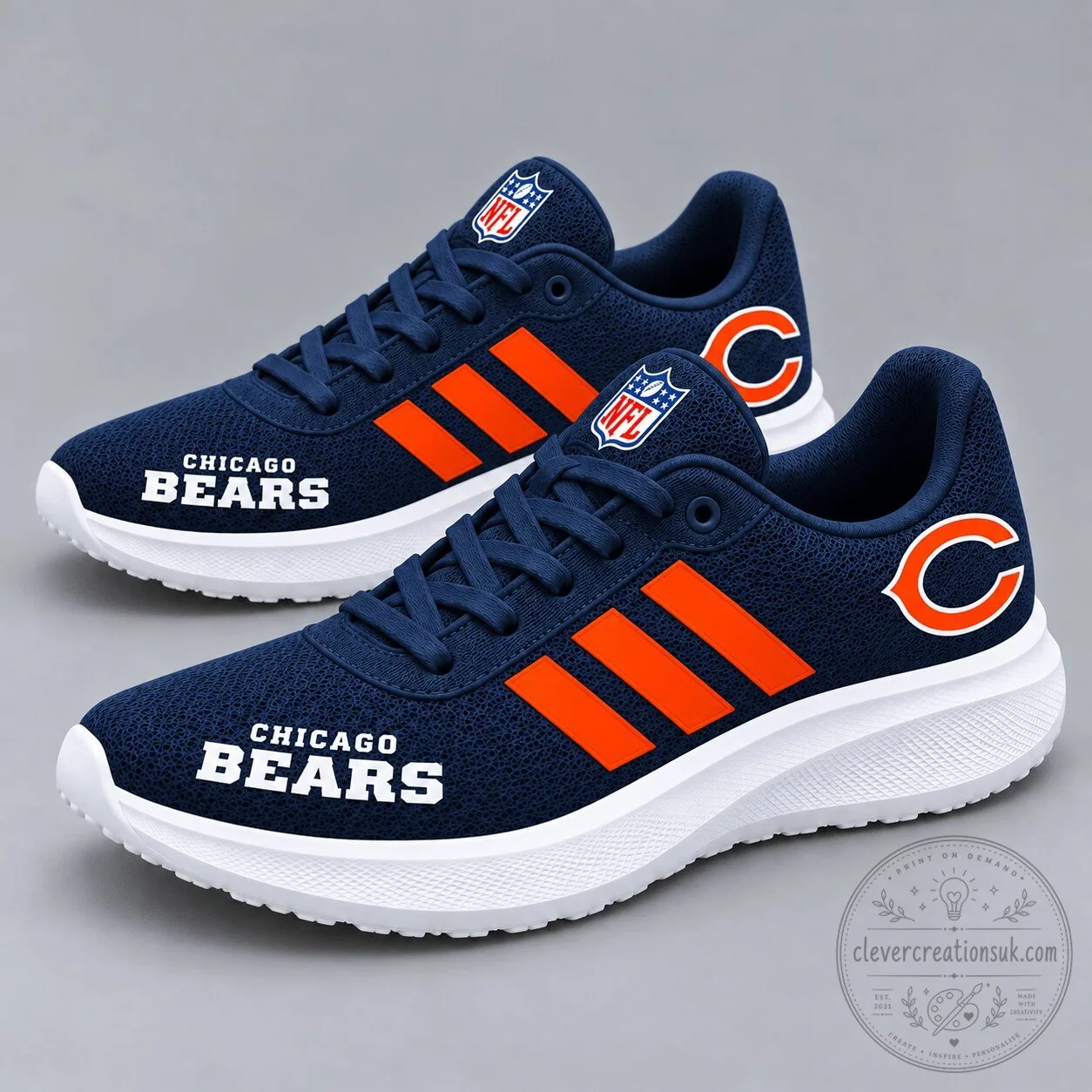 Chicago Bears NFL Team Logo Navy Blue and Orange Stripe Sport Sneakers Shoes