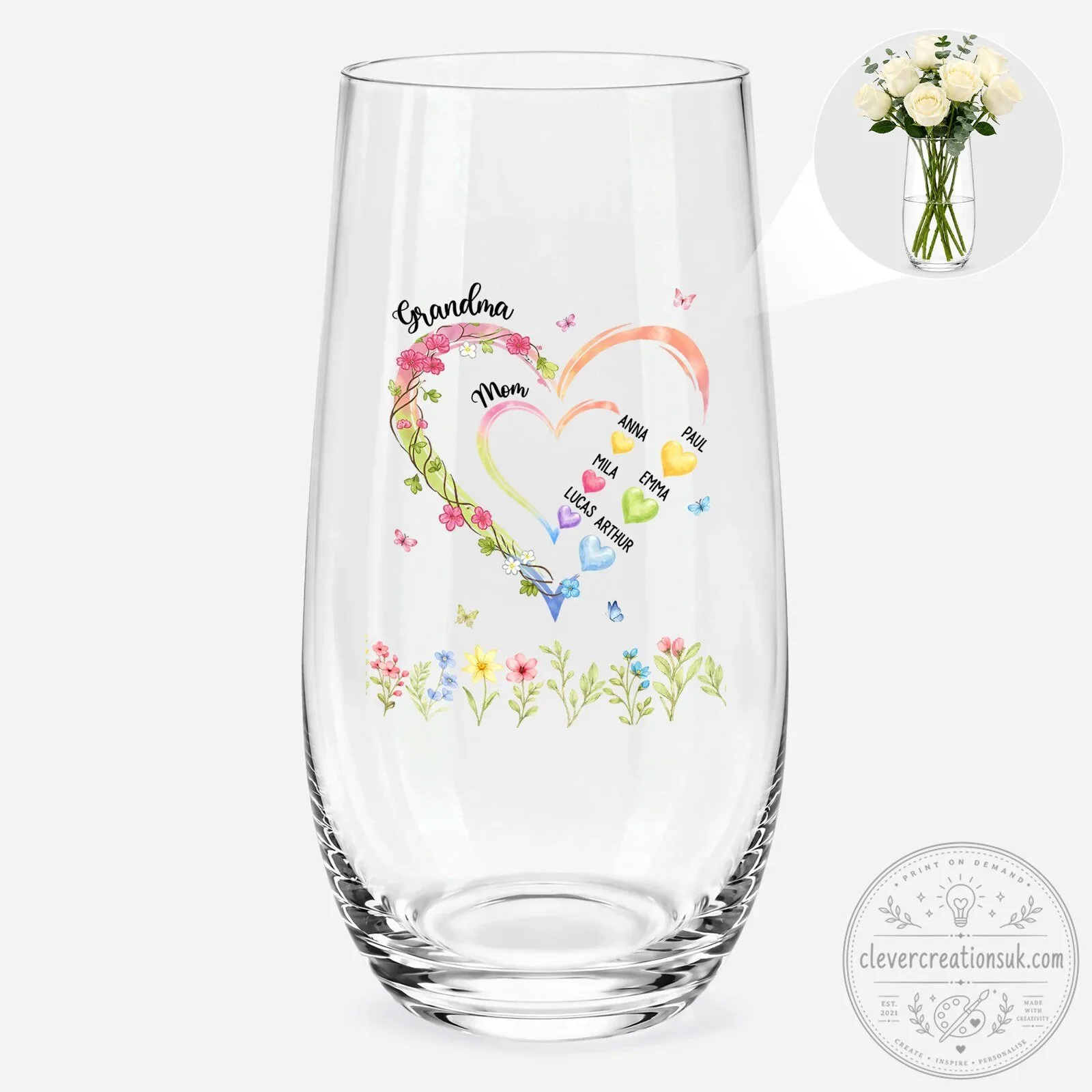 Personalized Grandma Mom Heart Glass Vase