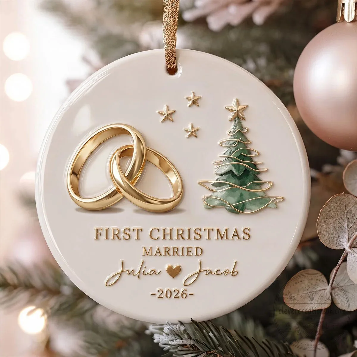 Personalized First Christmas Married Wedding Rings Tree Holiday Ornament