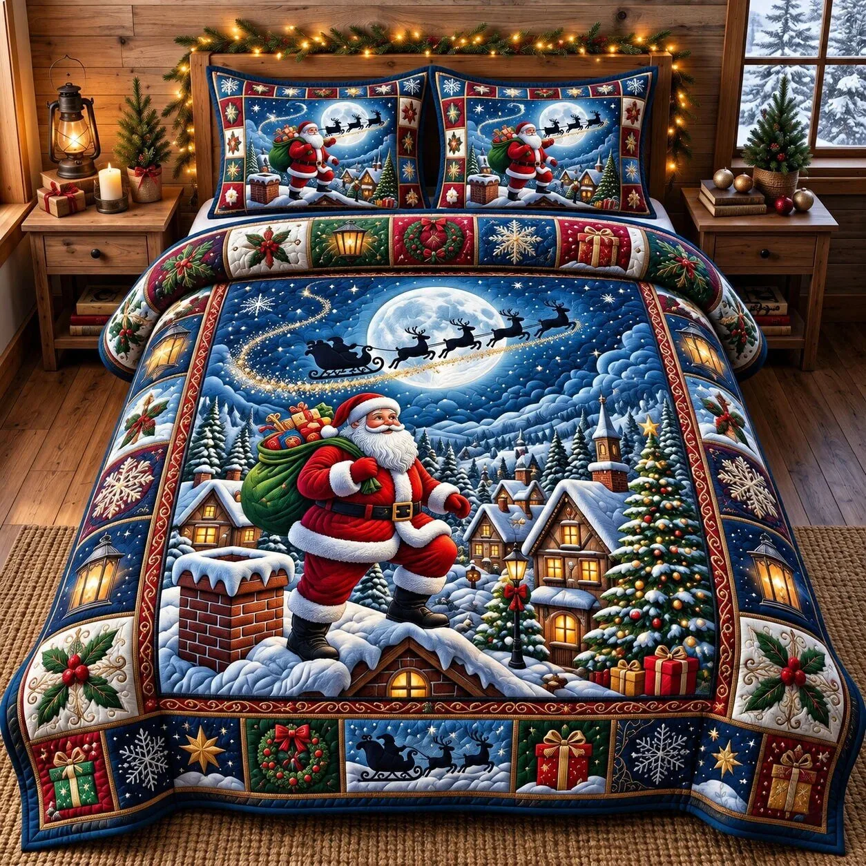 Santa Claus Christmas Eve Quilted Bedding Set with Pillow Shams