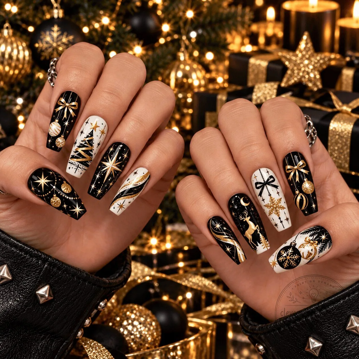 Midnight Gold Elegant Christmas Tree and Reindeer Press-On Nails Set