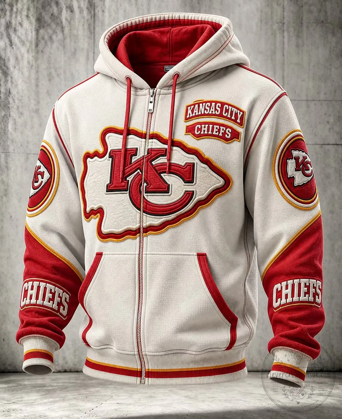 Kansas City Chiefs Cream And Red Colorblock Full-Zip Drawstring Hoodie