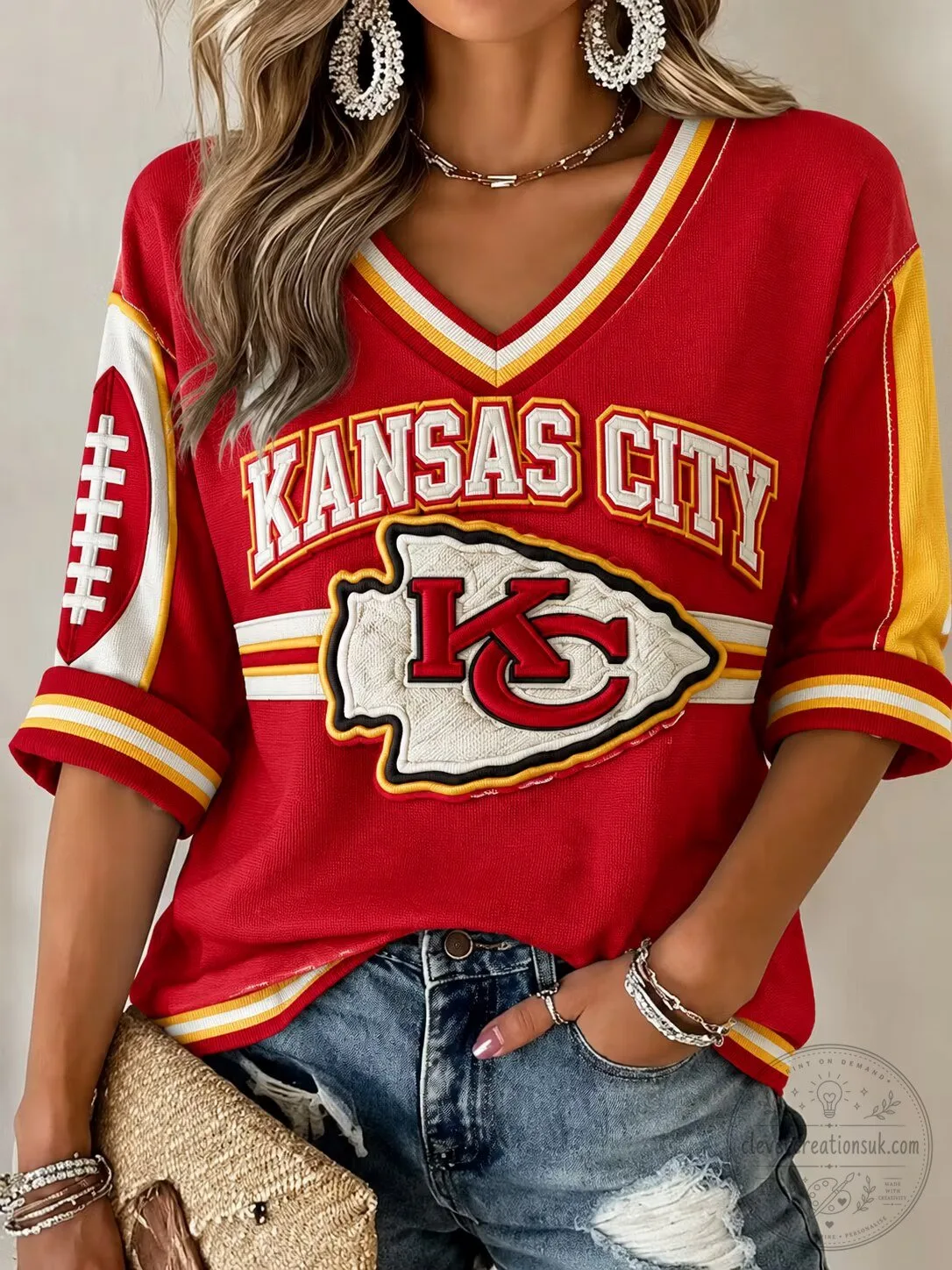 Kansas City Chiefs Football Team Red V-Neck Embroidered Graphic Jersey Top
