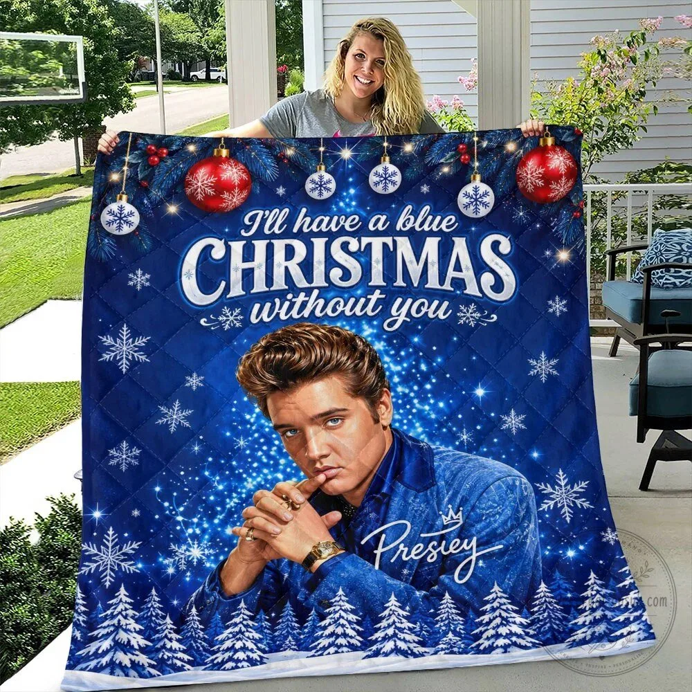 Elvis Presley Blue Christmas Without You Winter Holiday Quilt Blanket