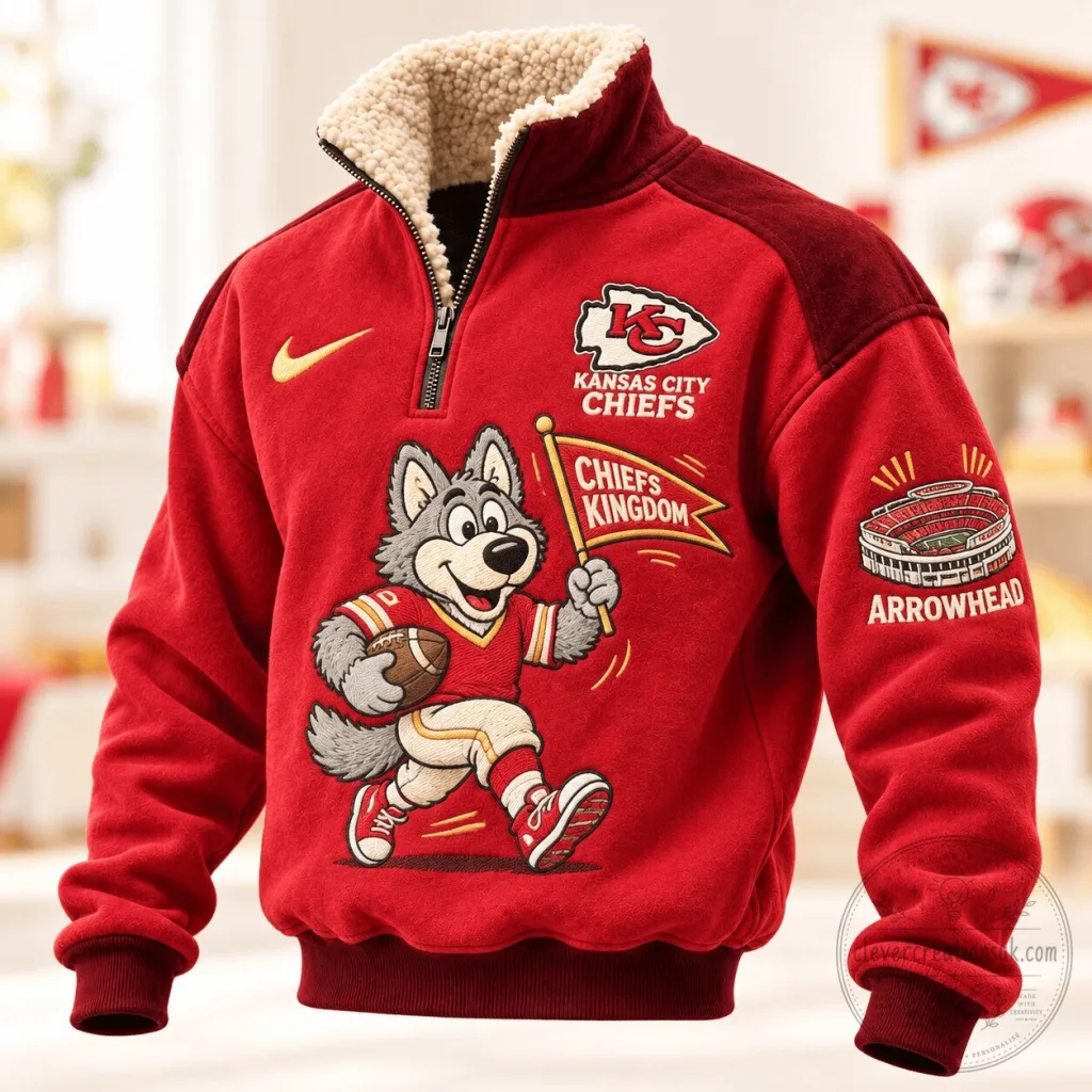 Kansas City Chiefs Wolf Mascot Sherpa Collar Quarter-Zip Pullover Sweatshirt Kansas City Chiefs Wolf Mascot Sherpa Collar Quarter-Zip Pullover Sweatshirt