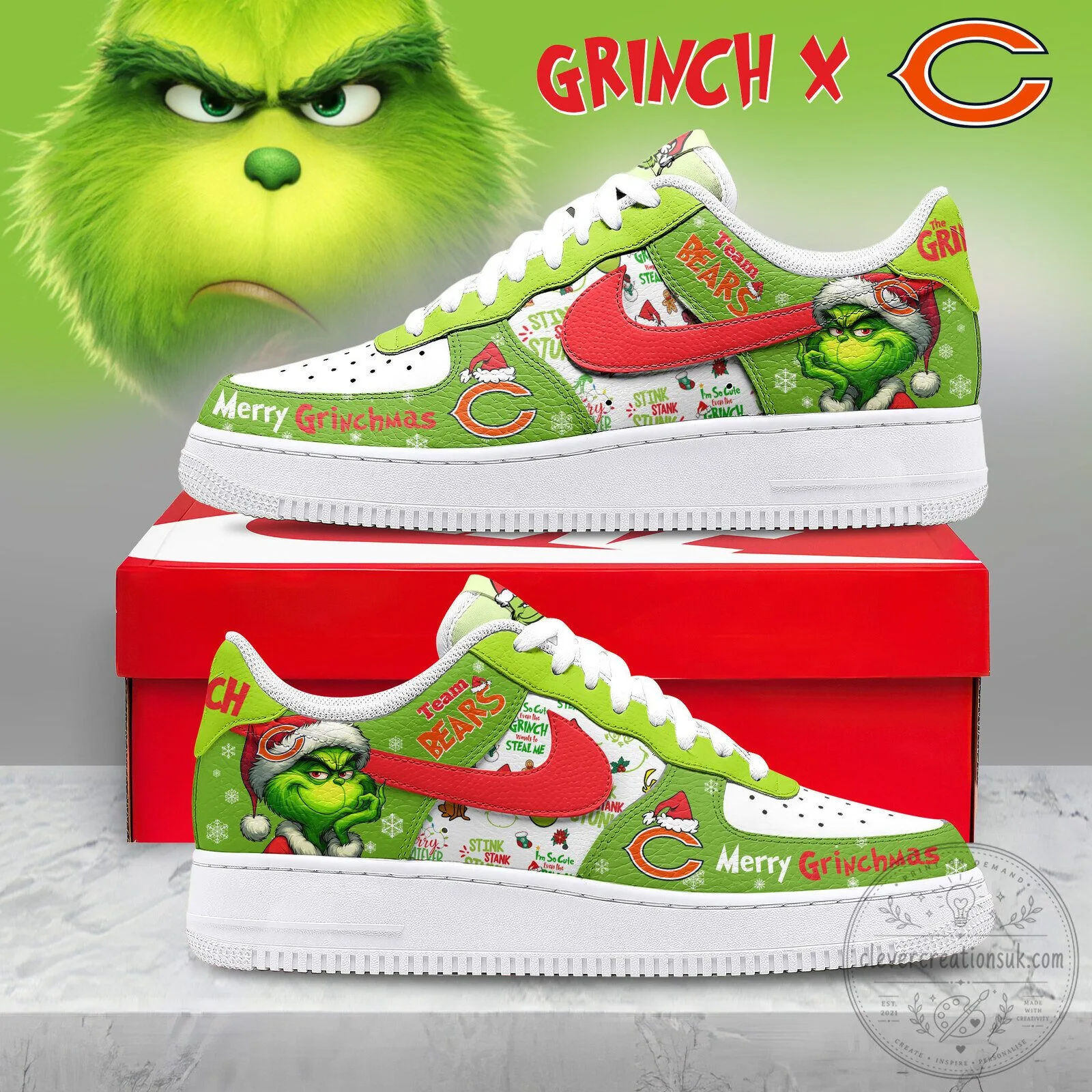 Chicago Bears Grinch Christmas Custom Air Force 1 Sneakers