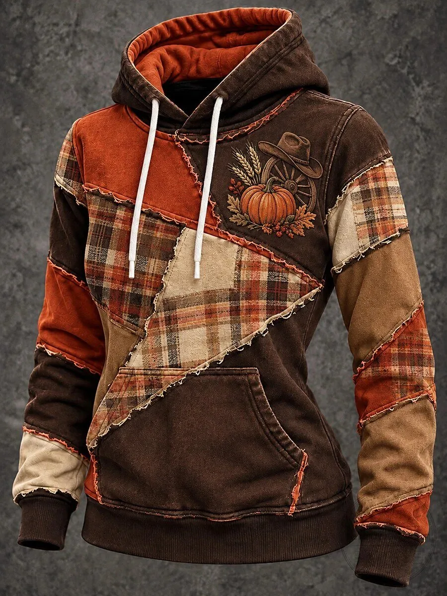 Vintage Thanksgiving Plaid Patchwork Pumpkin Cozy Hoodie for Women