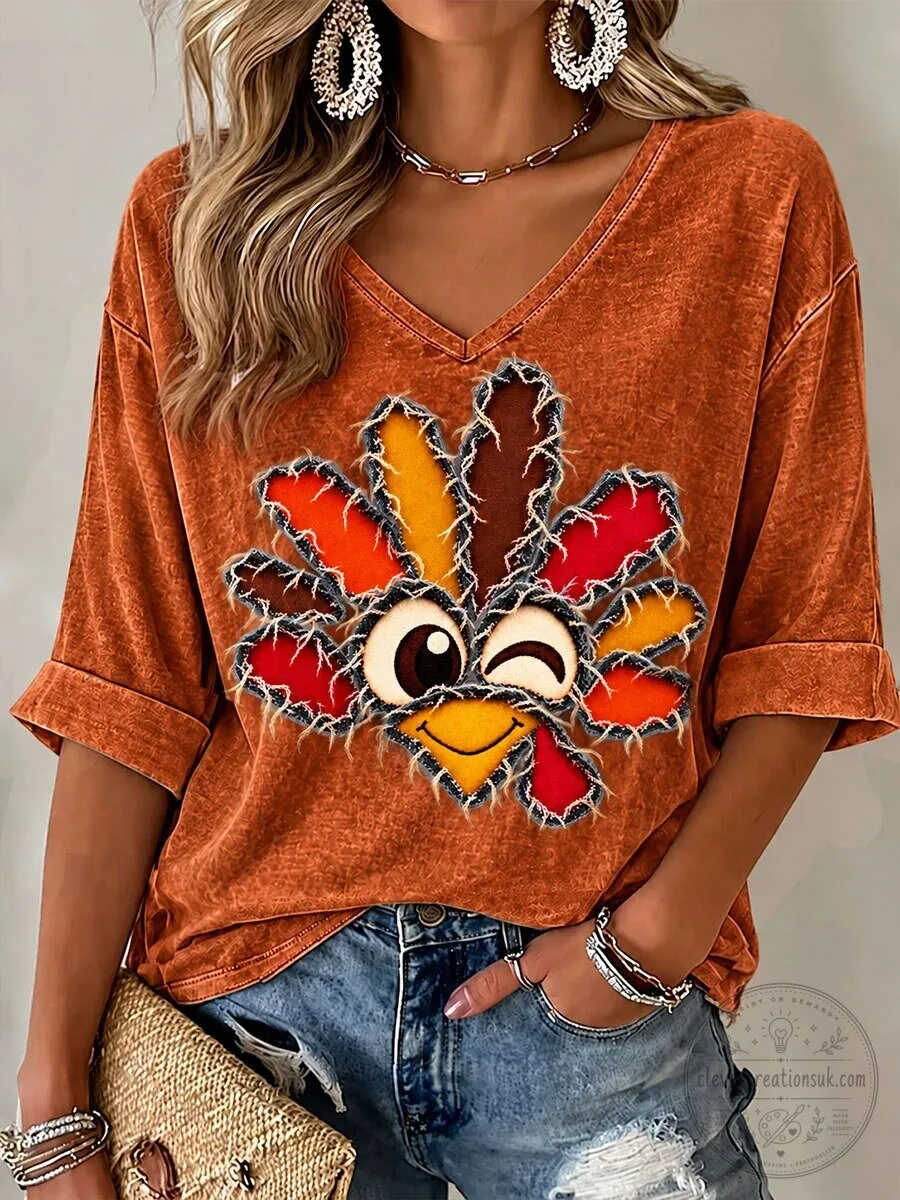 Thanksgiving Turkey Face Winking Women's Casual T-Shirt