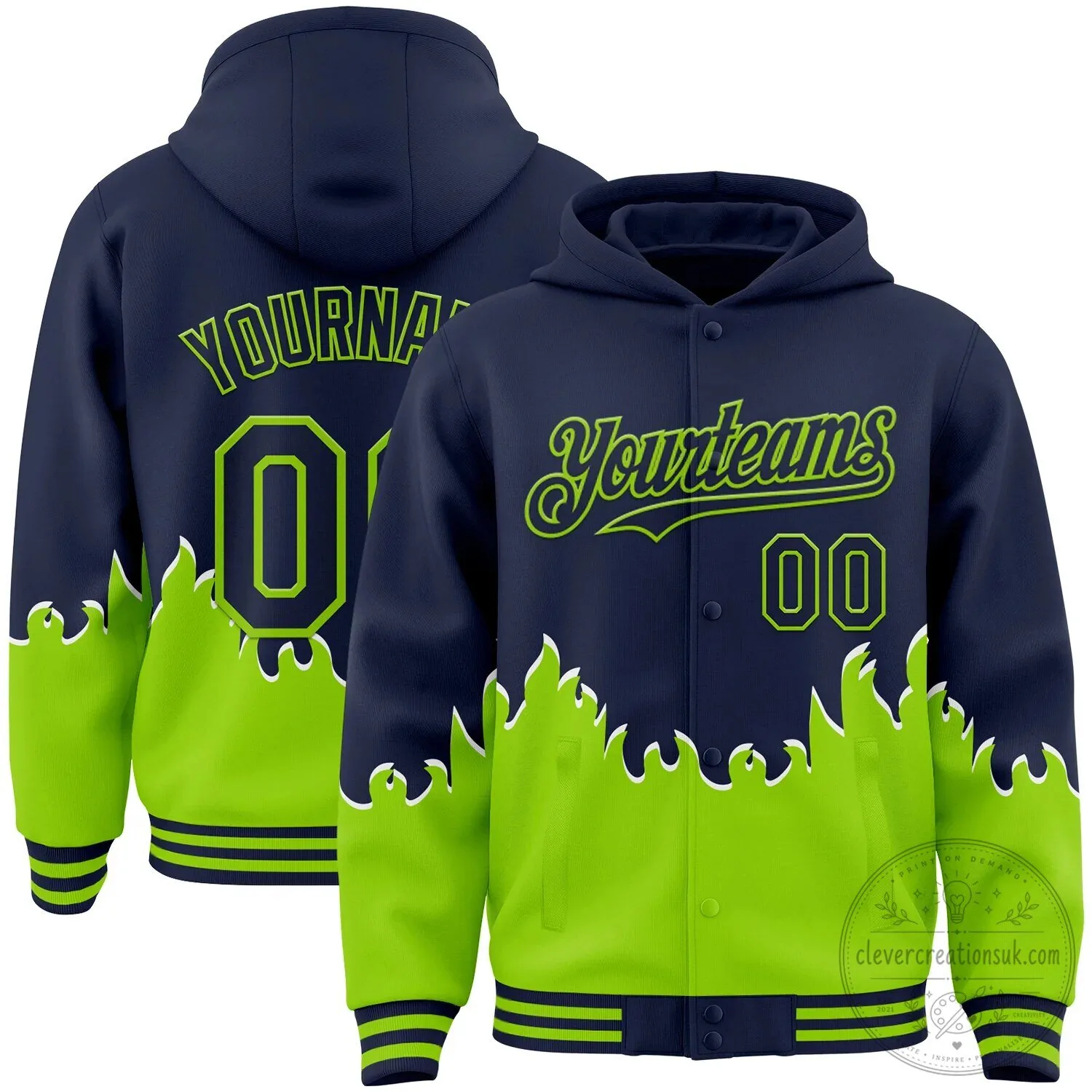 Custom Navy Blue and Neon Green Flame Pattern Varsity Hoodie Jacket