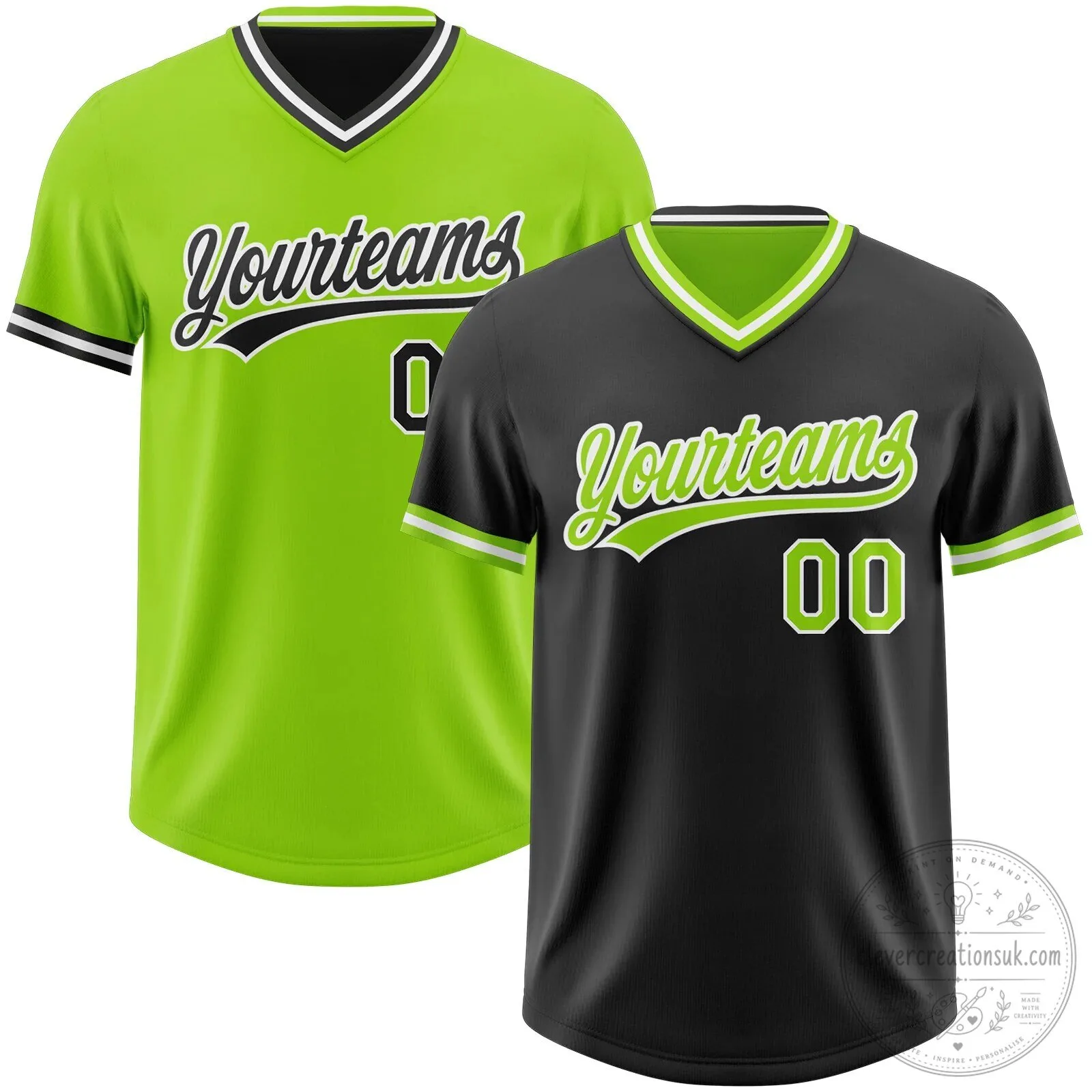 Reversible Baseball Jersey Shirt in Custom Black, Neon Green, and White with Pullover Design