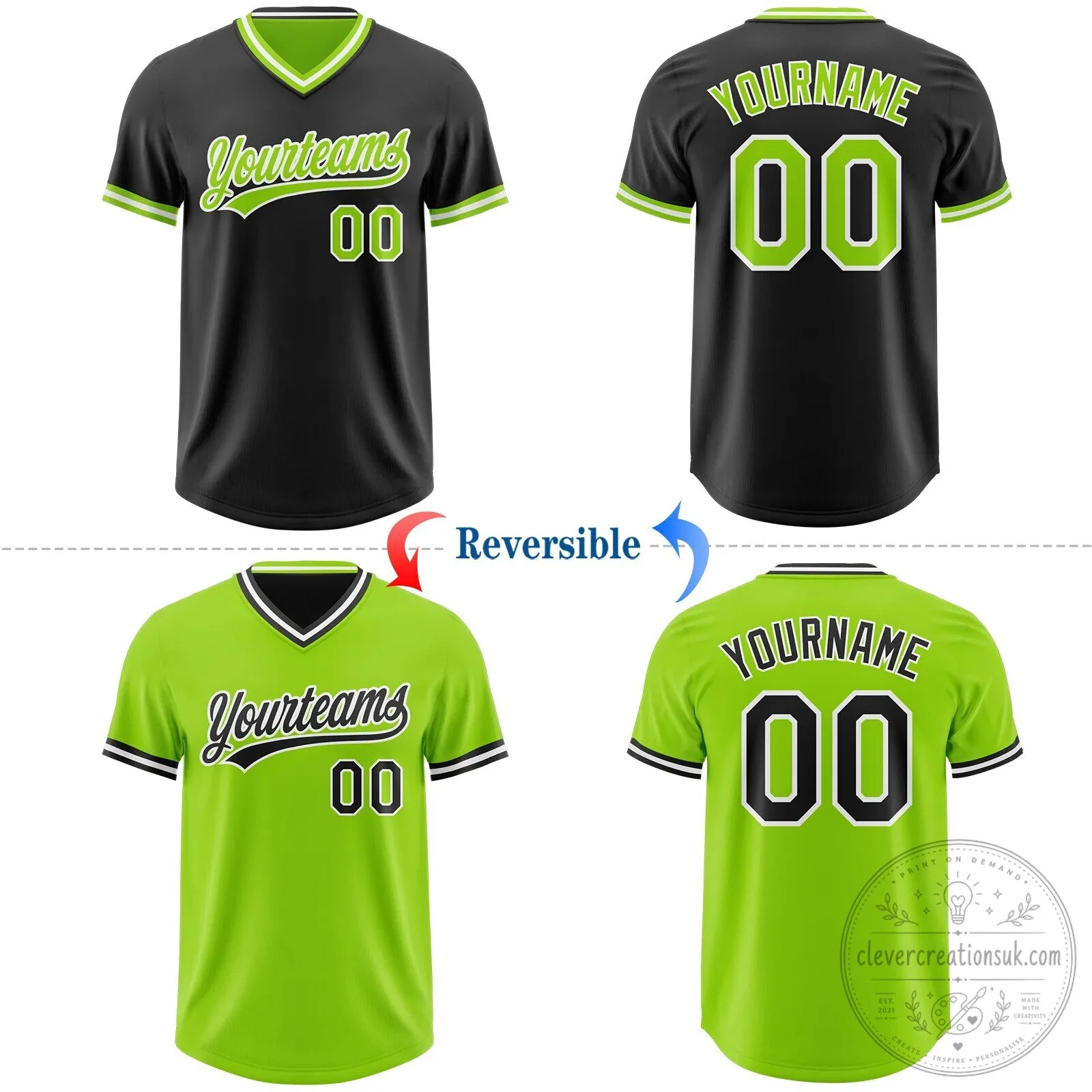 Reversible Baseball Jersey Shirt in Custom Black, Neon Green, and White with Pullover Design 12 Reversible Baseball Jersey Shirt in Custom Black, Neon Green, and White with Pullover Design