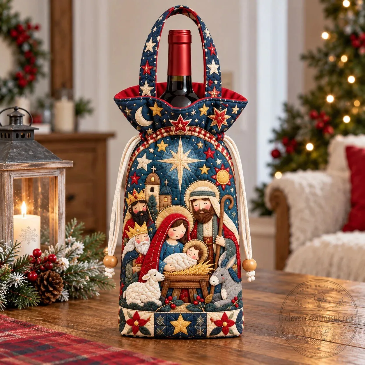 Holy Night Nativity Scene Quilted Wine Bottle Carrier Bag