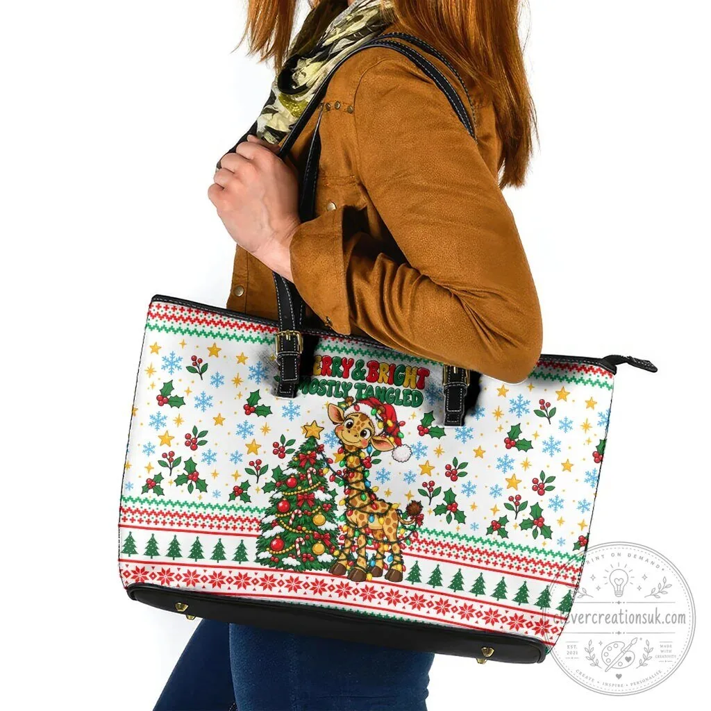 Christmas Tote Bag Featuring Mostly Tangled Giraffe Lights - Merry and Bright Design