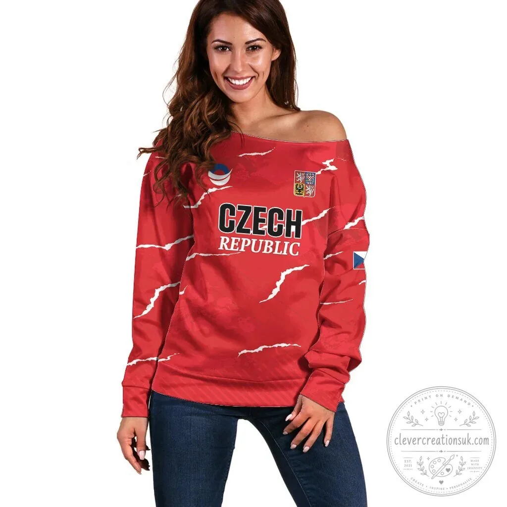 Czech Republic Handball Team Red Off Shoulder Sweatshirt for Women