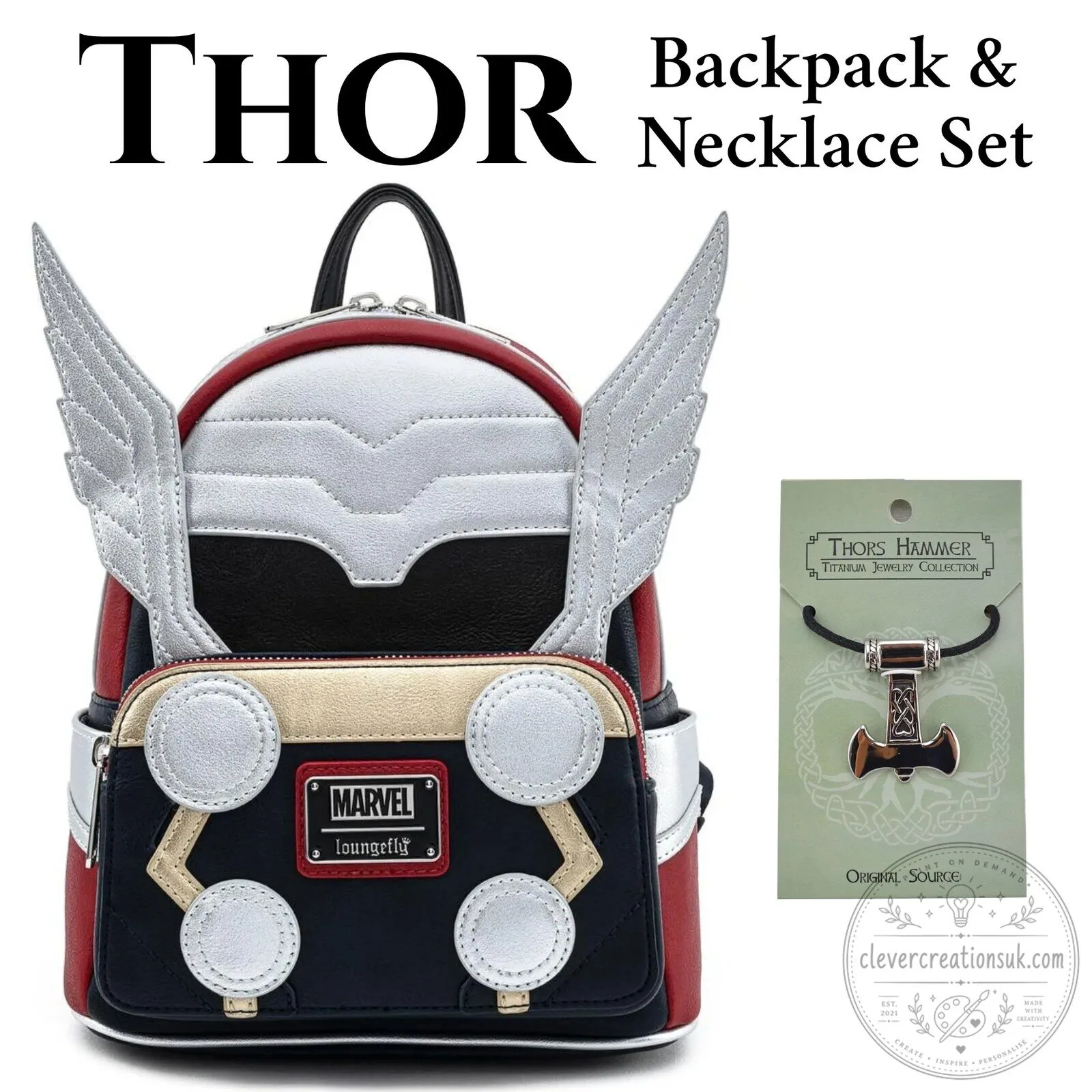 Marvel Thor Classic Cosplay Mini Backpack and Mjolnir Hammer Necklace Set