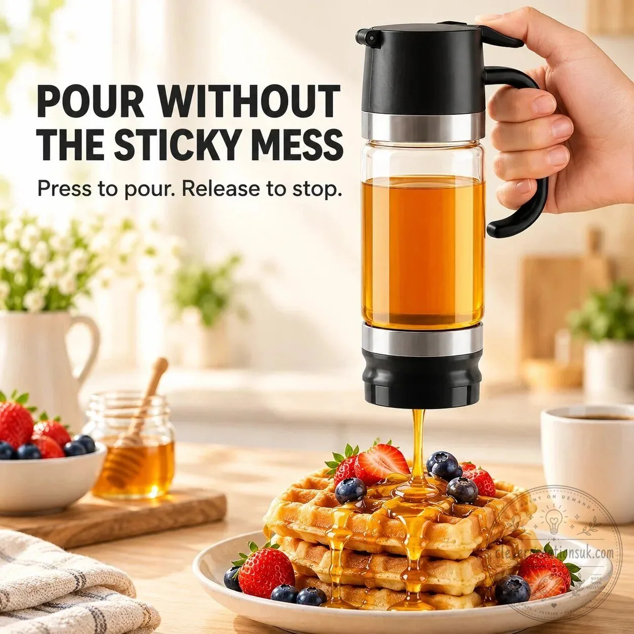 Glass Honey and Syrup Dispenser with Handle - No Drip Press to Pour Design