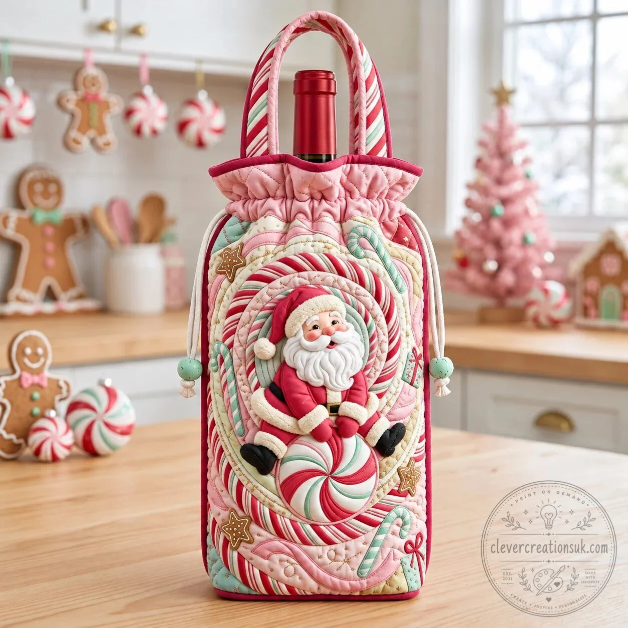 Christmas Santa Claus Candy Cane Wonderland Quilted Wine Bottle Bag 3 Christmas Santa Claus Candy Cane Wonderland Quilted Wine Bottle Bag