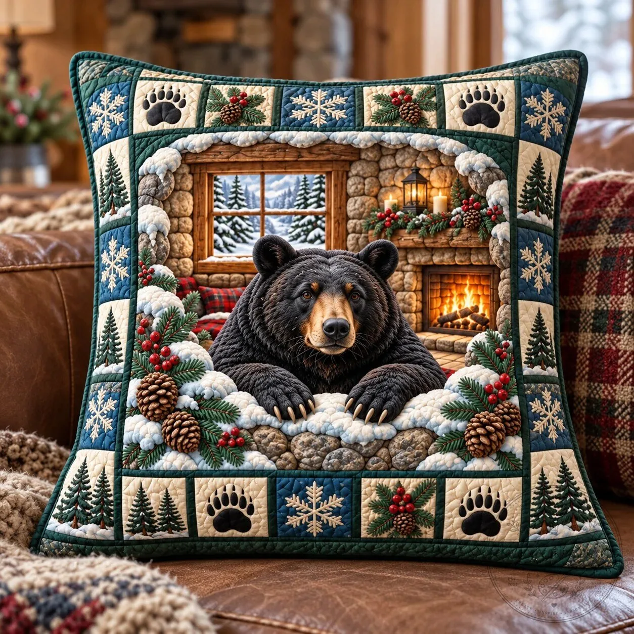 Winter Rustic Black Bear Quilted Pillow Case