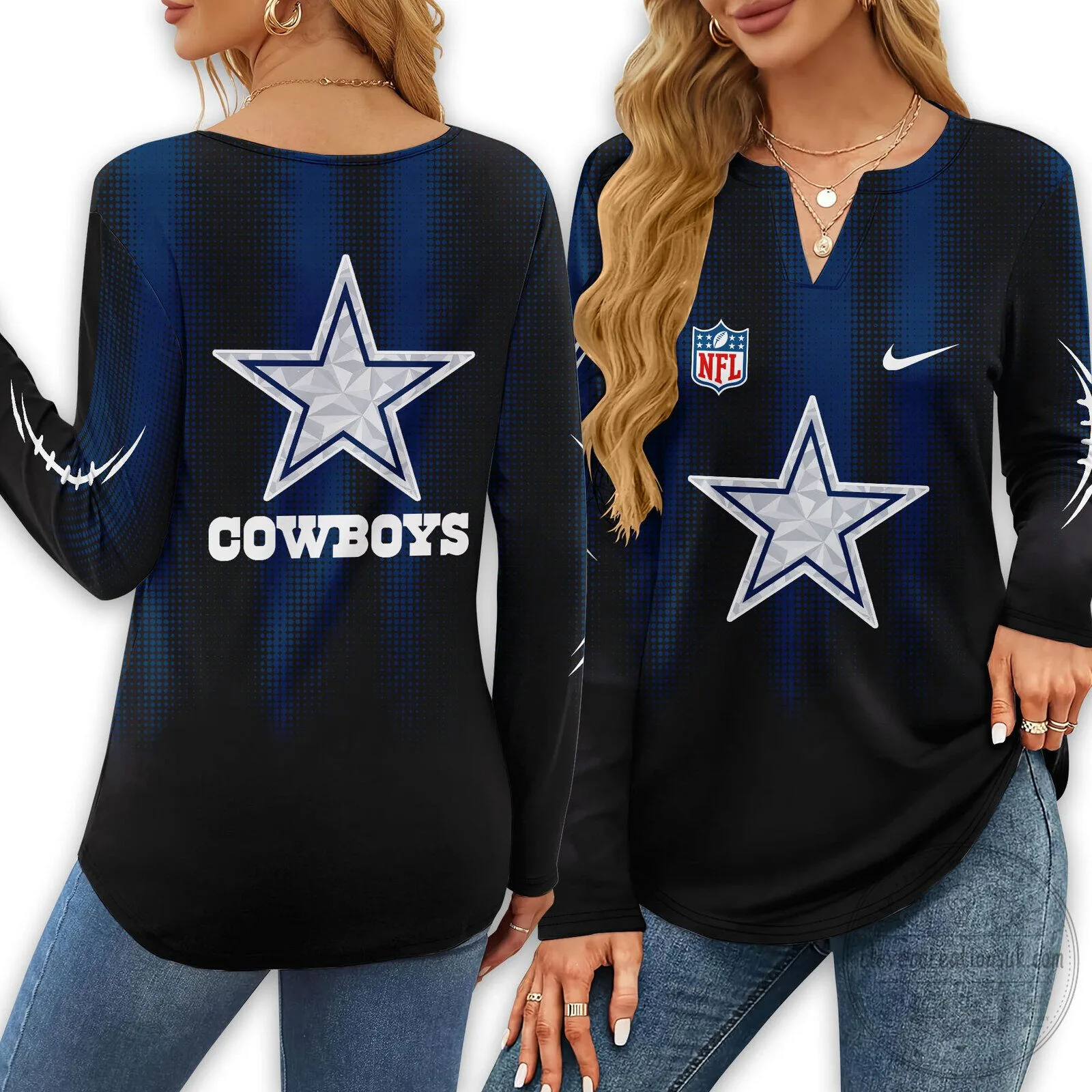 Dallas Cowboys Shirt Women’s Long Sleeve V-Neck Football Fan Apparel