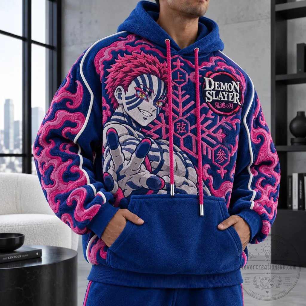 Demon Slayer Akaza Anime Character Embroidered Blue Hoodie