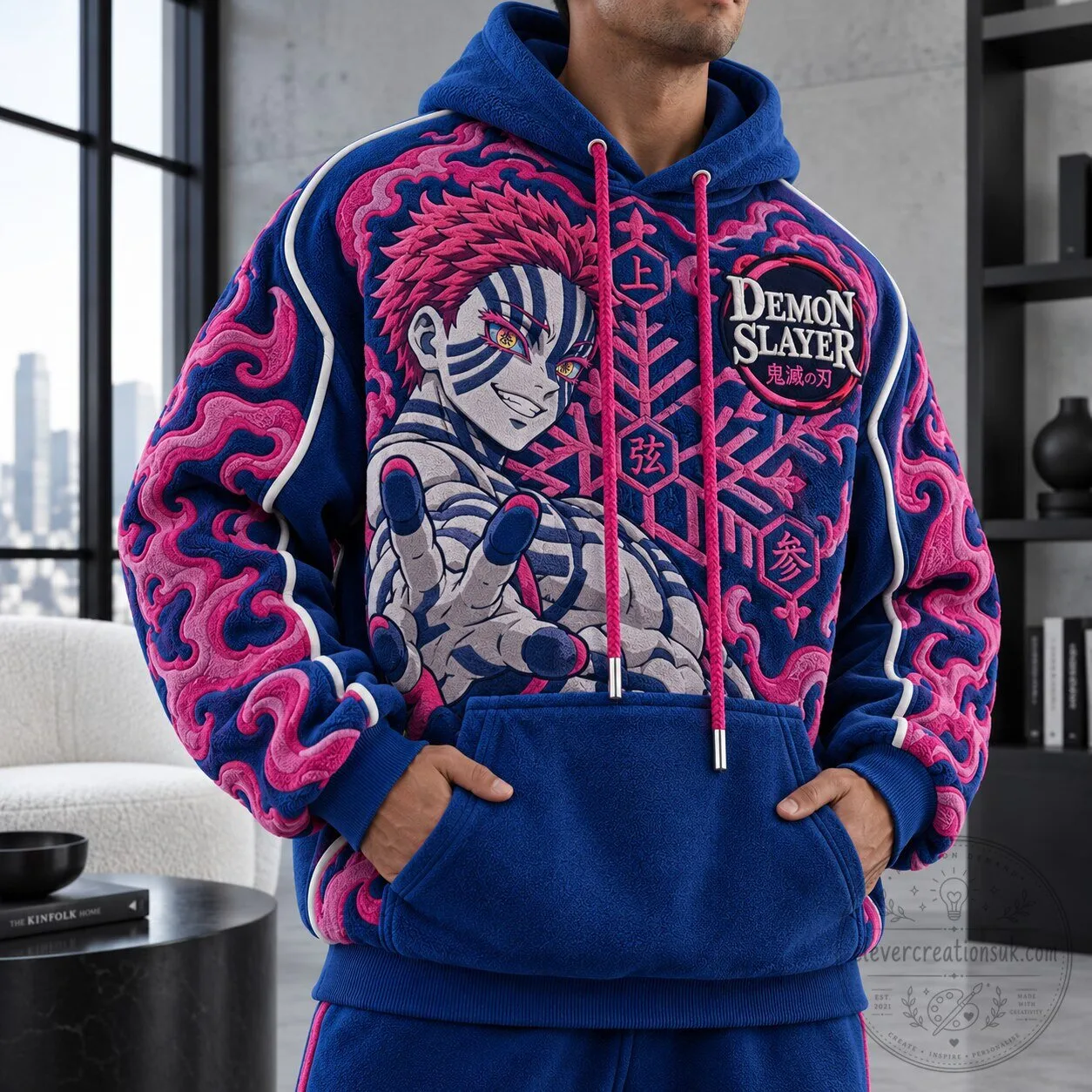 Demon Slayer Akaza Anime Character Embroidered Blue Hoodie