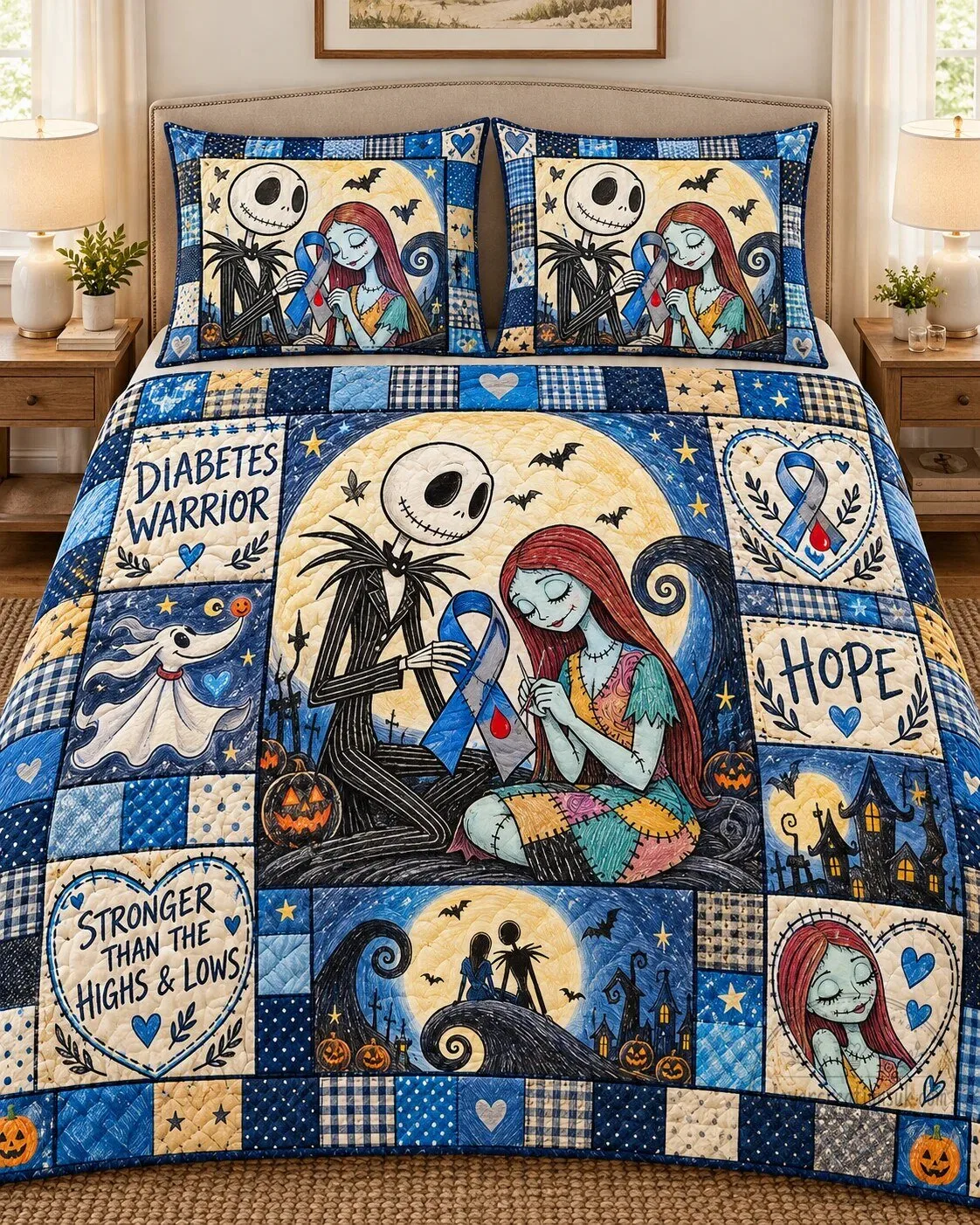 Jack Skellington and Sally Diabetes Warrior Awareness Quilt Bedding Set