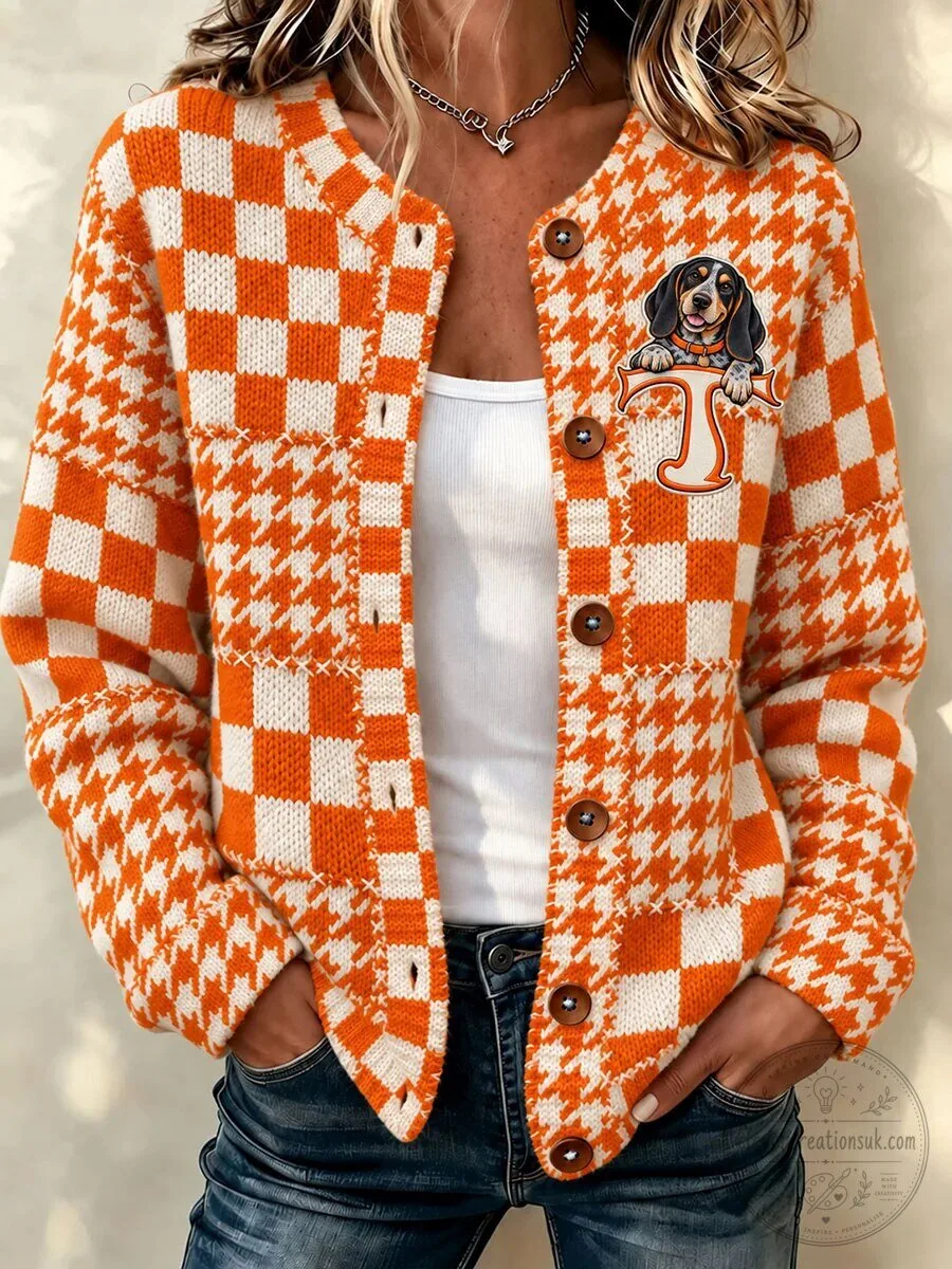 Tennessee Volunteers Hound Dog Houndstooth Checkered Orange White Cardigan Sweater