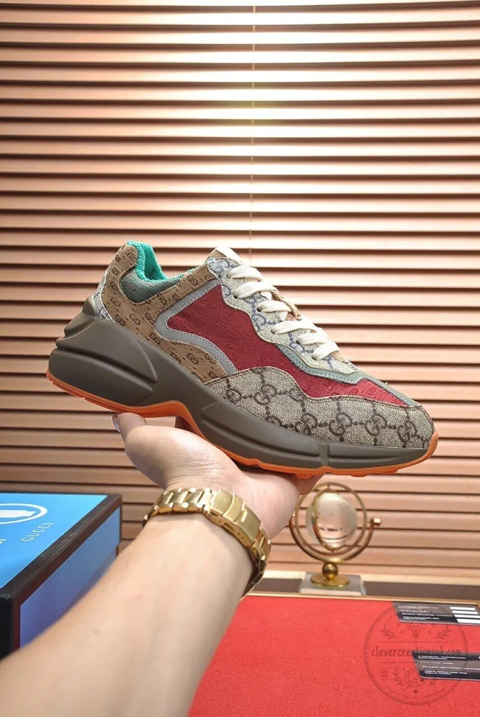 Gucci Rhyton Logo Print Distressed Leather and Suede Sneakers