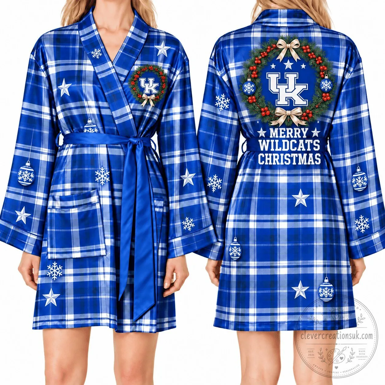 Kentucky Wildcats Merry Christmas Plaid Pattern Satin Robe