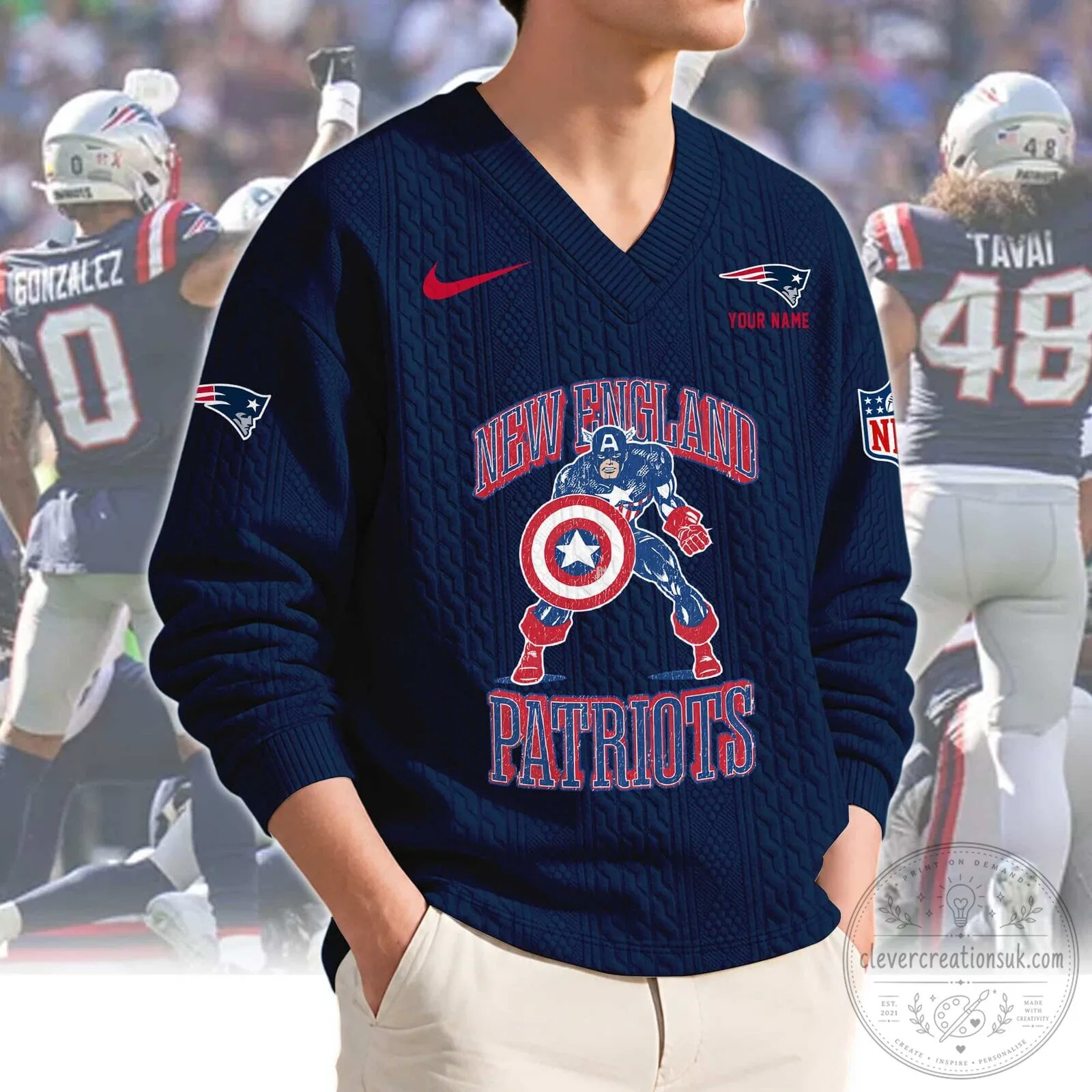 New England Patriots Captain America Marvel Superhero V-Neck Knit Sweater
