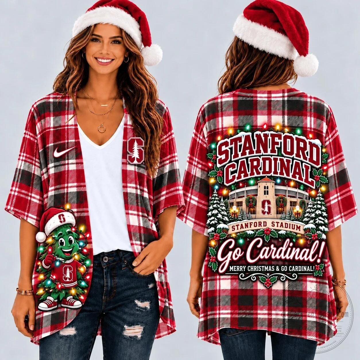 Stanford Cardinal Christmas Plaid Kimono Cardigan for Women