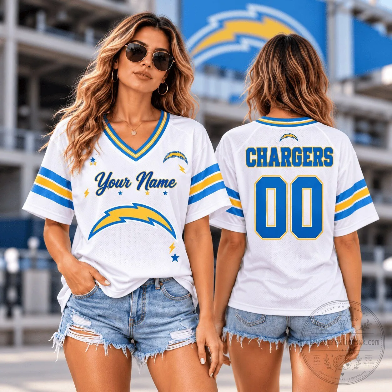 Los Angeles Chargers Personalized White Football Jersey for Women