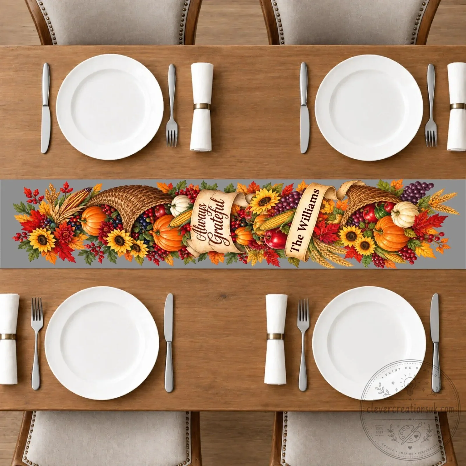 Always Grateful Thanksgiving Table Runner with Fall Harvest Cornucopia and Sunflowers