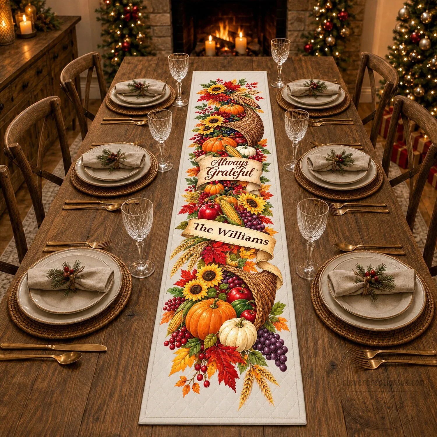 Always Grateful Thanksgiving Table Runner with Fall Harvest Cornucopia and Sunflowers 8 Always Grateful Thanksgiving Table Runner with Fall Harvest Cornucopia and Sunflowers