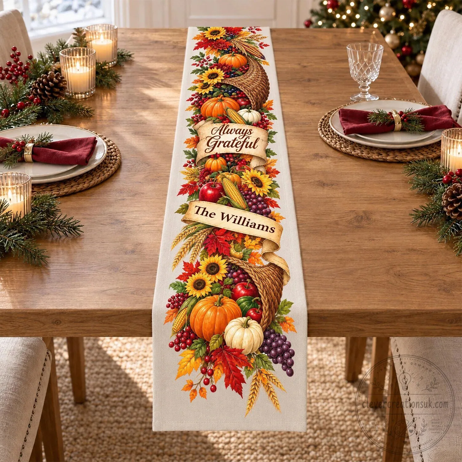 Always Grateful Thanksgiving Table Runner with Fall Harvest Cornucopia and Sunflowers 9 Always Grateful Thanksgiving Table Runner with Fall Harvest Cornucopia and Sunflowers