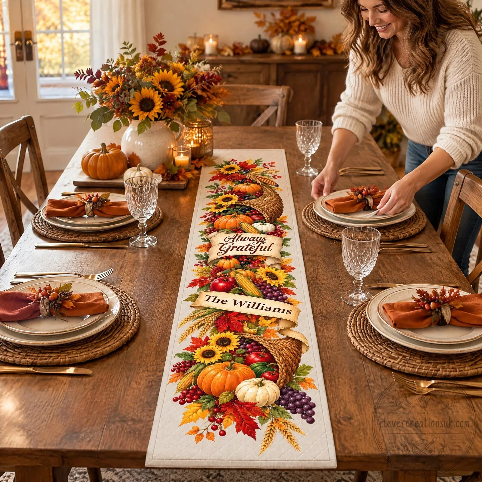 Always Grateful Thanksgiving Table Runner with Fall Harvest Cornucopia and Sunflowers 10 Always Grateful Thanksgiving Table Runner with Fall Harvest Cornucopia and Sunflowers