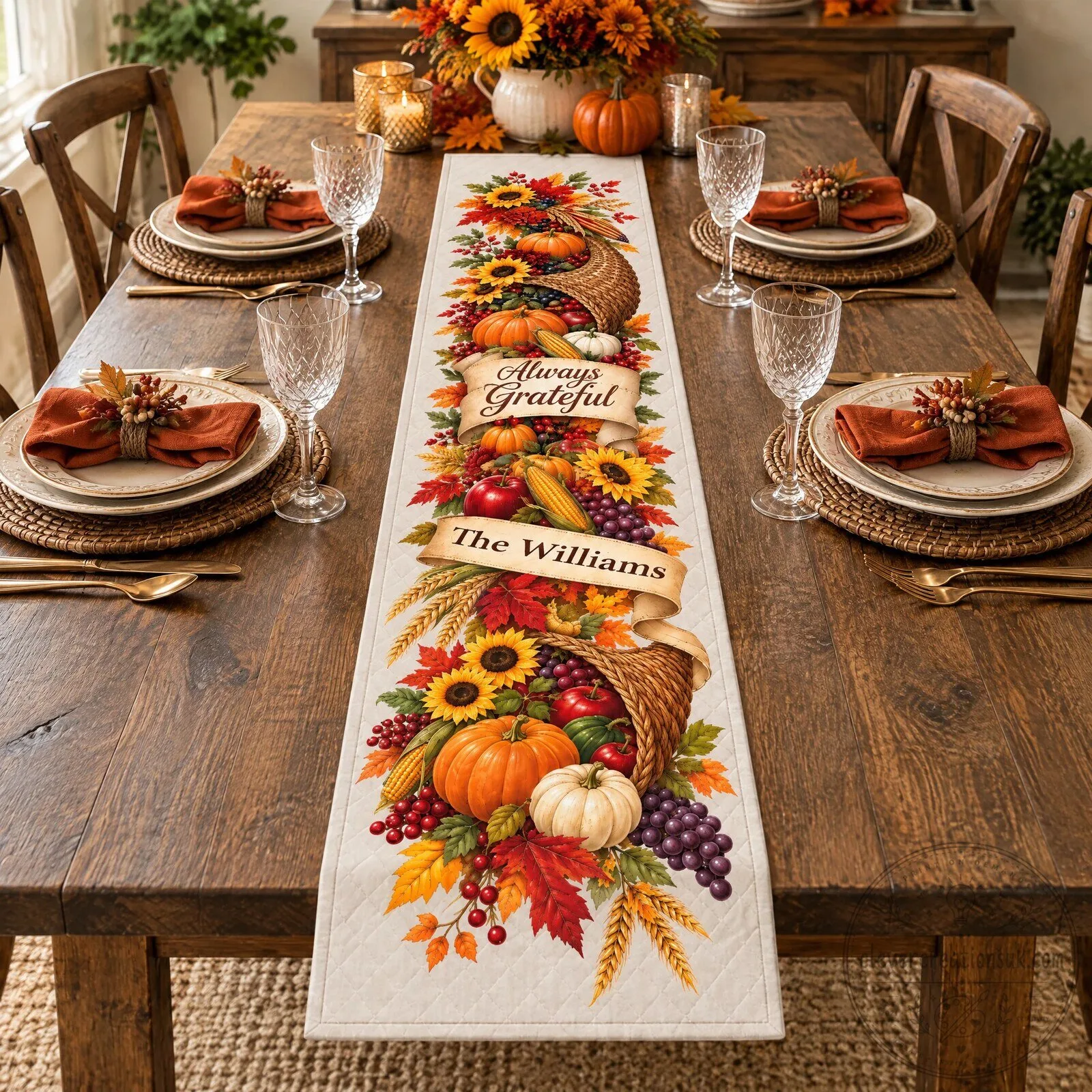 Always Grateful Thanksgiving Table Runner with Fall Harvest Cornucopia and Sunflowers 11 Always Grateful Thanksgiving Table Runner with Fall Harvest Cornucopia and Sunflowers